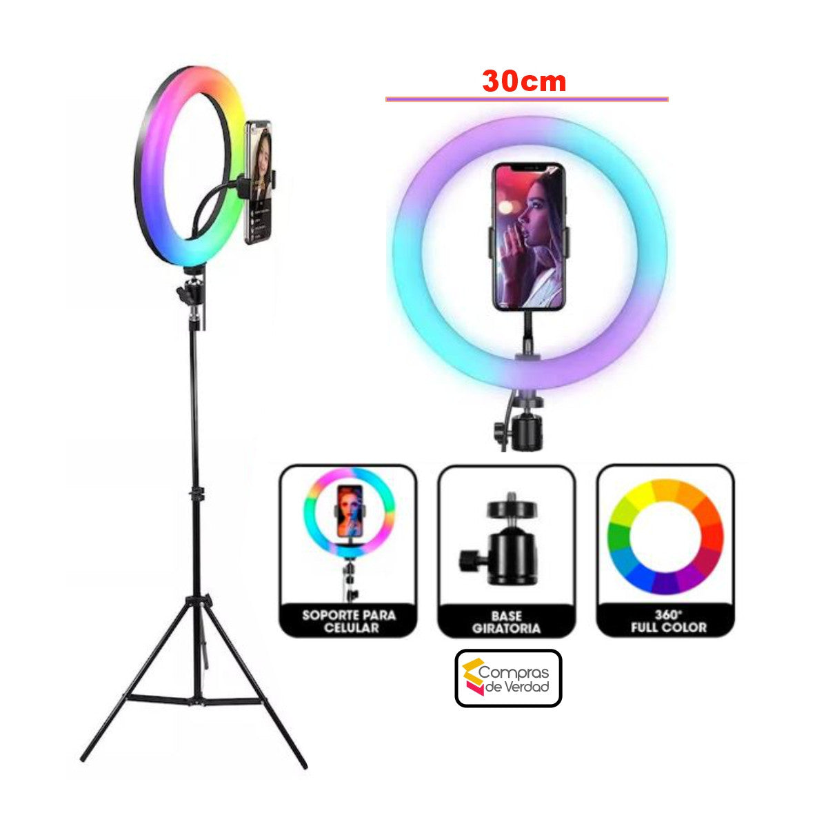 ARO DE LUZ RGB 30CM + TRIPODE 2MTS