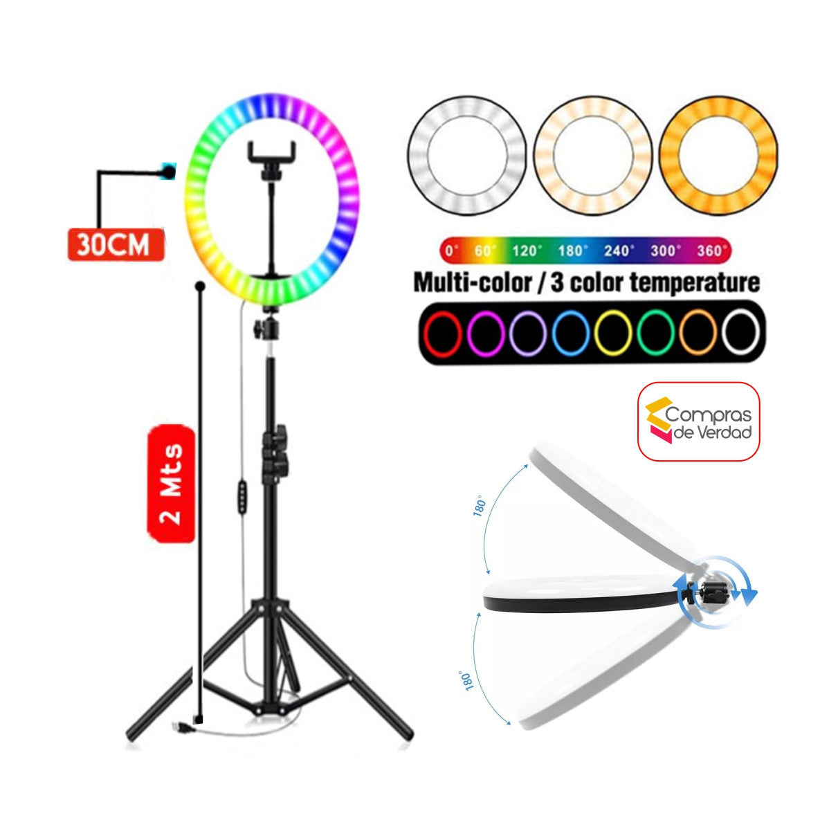 ARO DE LUZ RGB 30CM + TRIPODE 2MTS